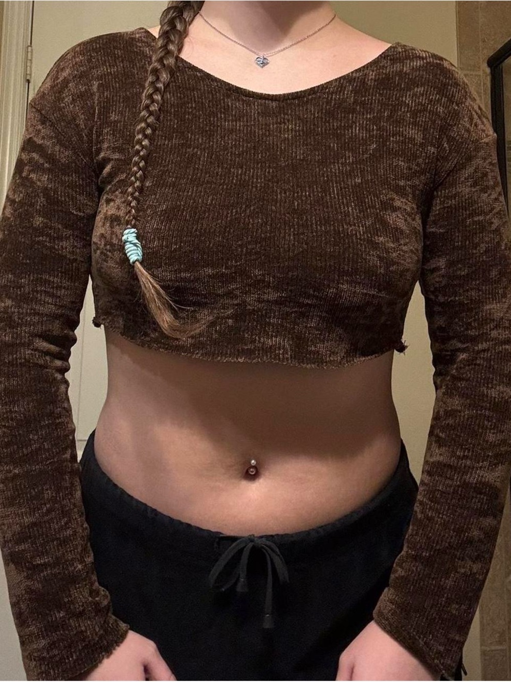 Brown Ribbed Long-Sleeve Cropped Top